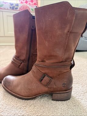 Timberland Women's Chestnut Brown Leather Mid-Calf Buckle Boots